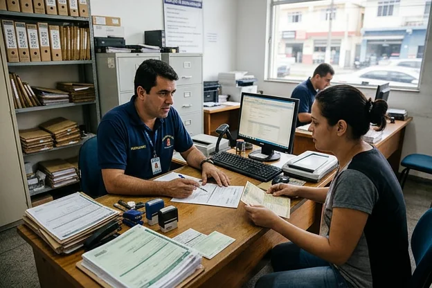 Despachante oferecendo orientações sobre regularizações veiculares.