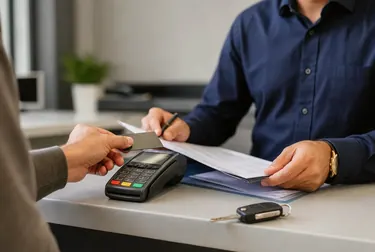 Profissional discutindo débitos de veículos com um cliente.