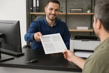 Profissional efetuando a impressão do CRLV-e em ambiente de trabalho especializado.