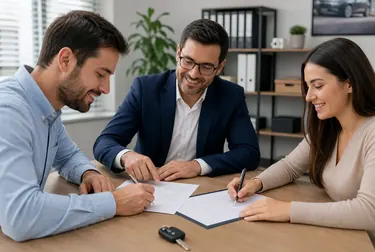 Profissional fazendo a transferência de veículo enquanto atende um cliente.